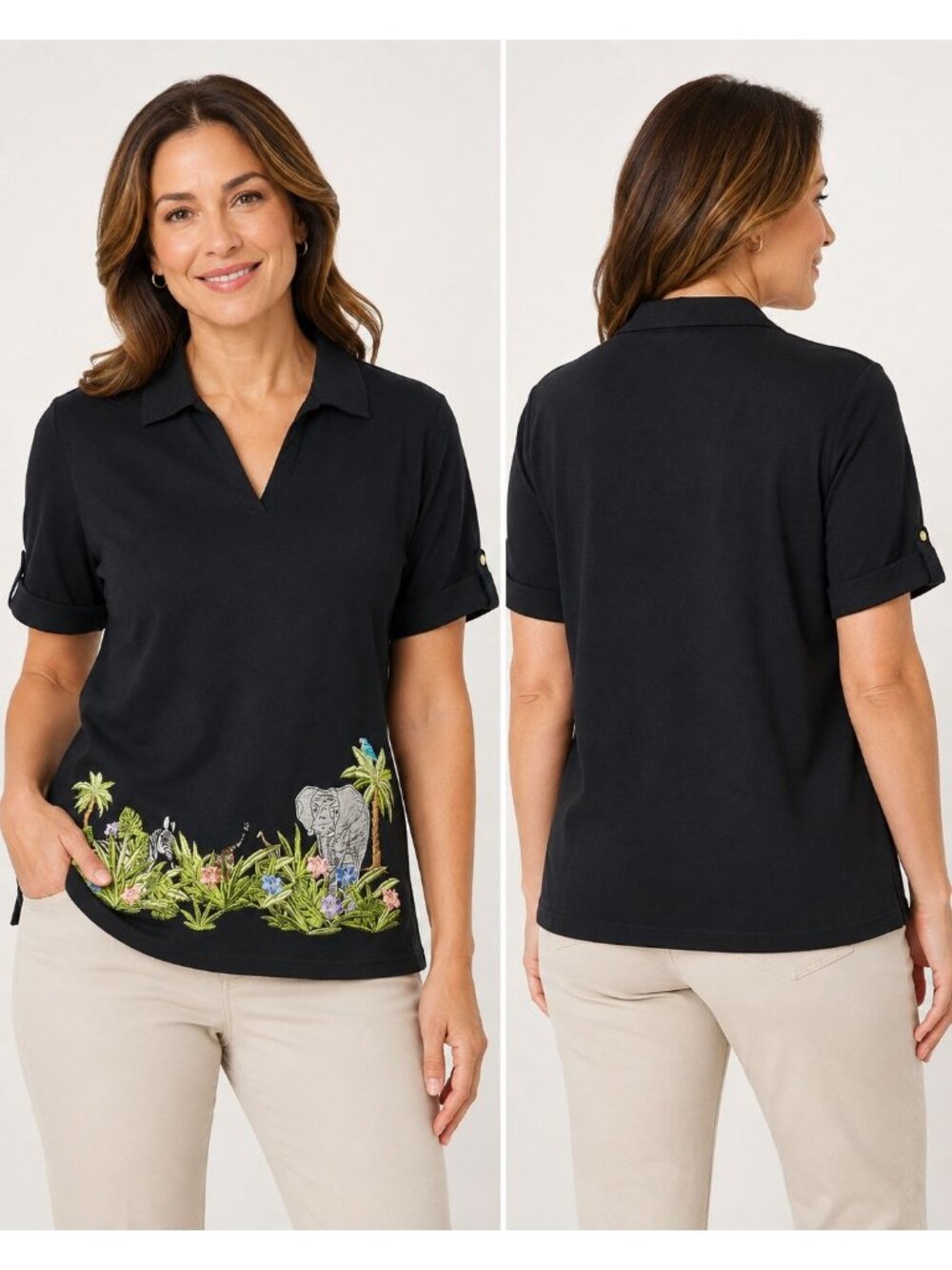 Karen Scott Black Polo Shirt W/Jungle Embroidery Womens Large